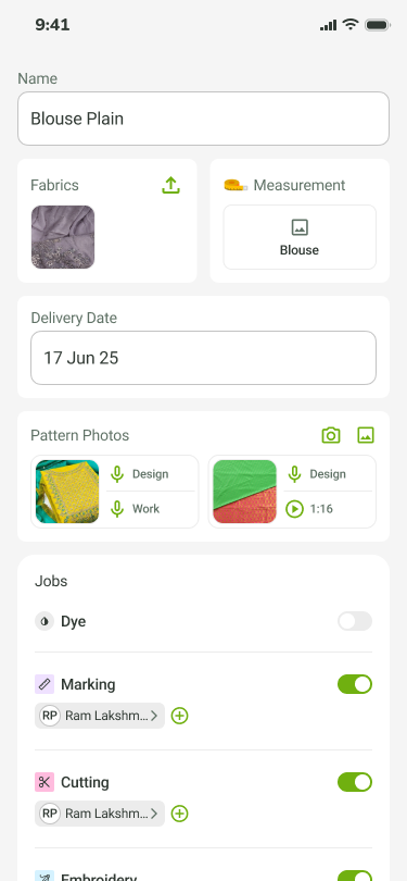 SuHappy outfit detail screen with fabrics, pattern photos and job stages